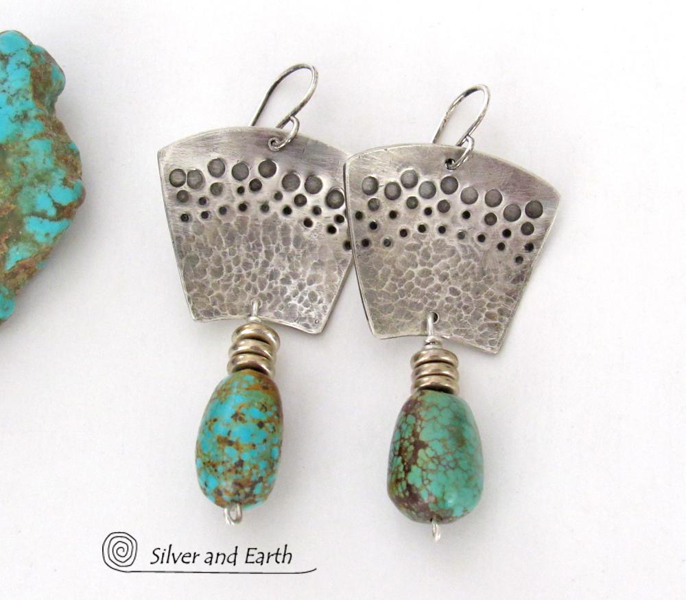 Hand Stamped Sterling Silver & Natural Turquoise Earrings - Bold Modern Southwest Style Handcrafted Jewelry 