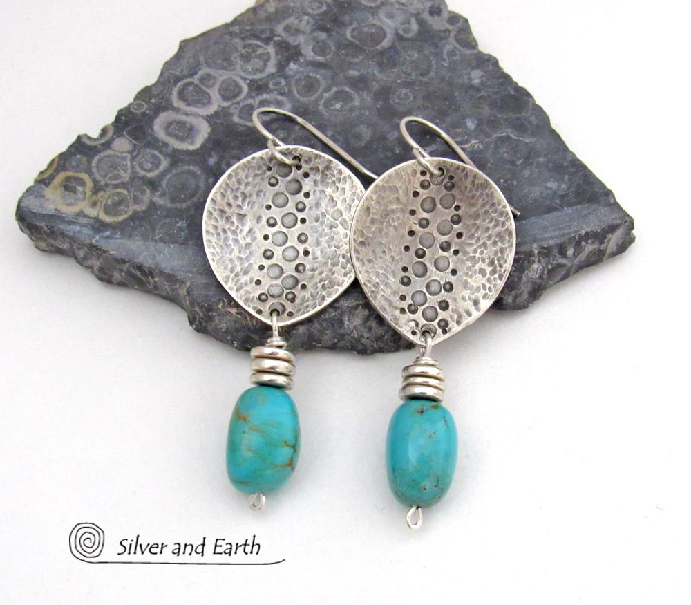 Handcrafted Sterling Silver & Turquoise Earrings with a Rustic, Hammered Earthy Organic Southwest Style 