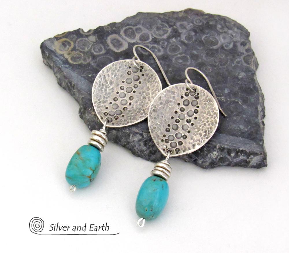 Handcrafted Sterling Silver & Turquoise Earrings with a Rustic, Hammered Earthy Organic Southwest Style 