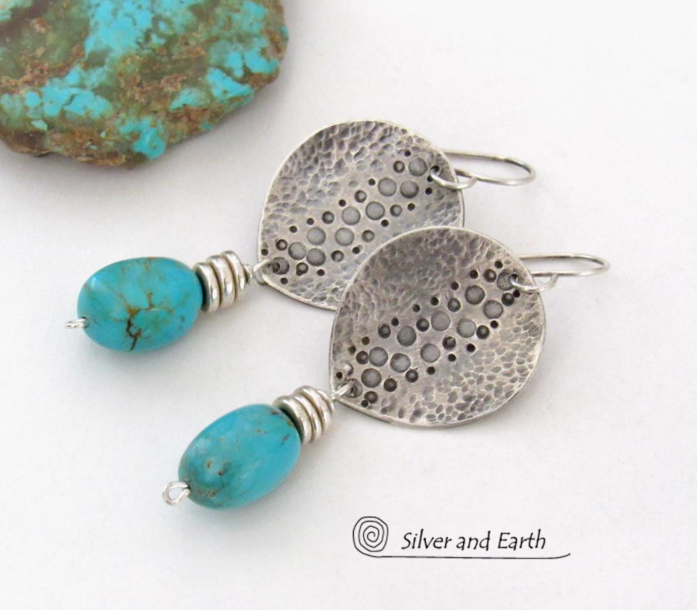 Handcrafted Sterling Silver & Turquoise Earrings with a Rustic, Hammered Earthy Organic Southwest Style 