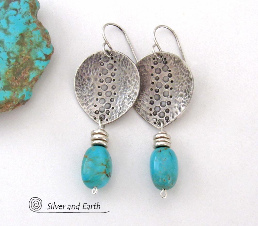 Handcrafted Sterling Silver & Turquoise Earrings with a Rustic, Hammered Earthy Organic Southwest Style 