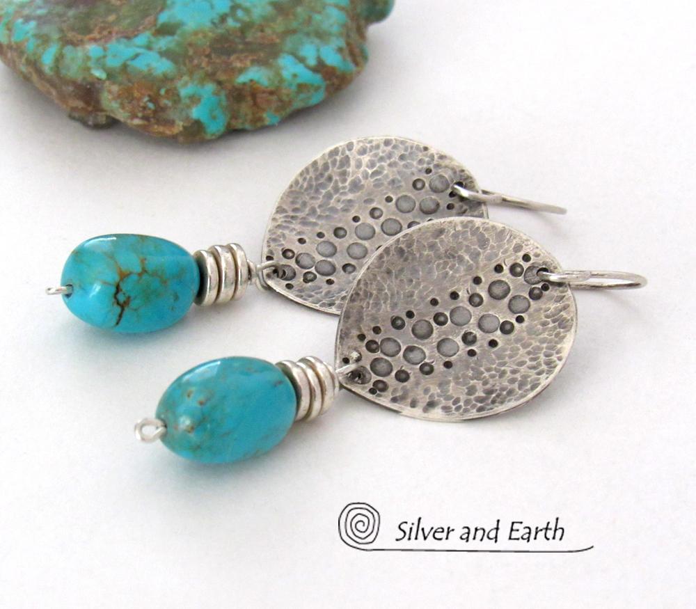 Handcrafted Sterling Silver & Turquoise Earrings with a Rustic, Hammered Earthy Organic Southwest Style 