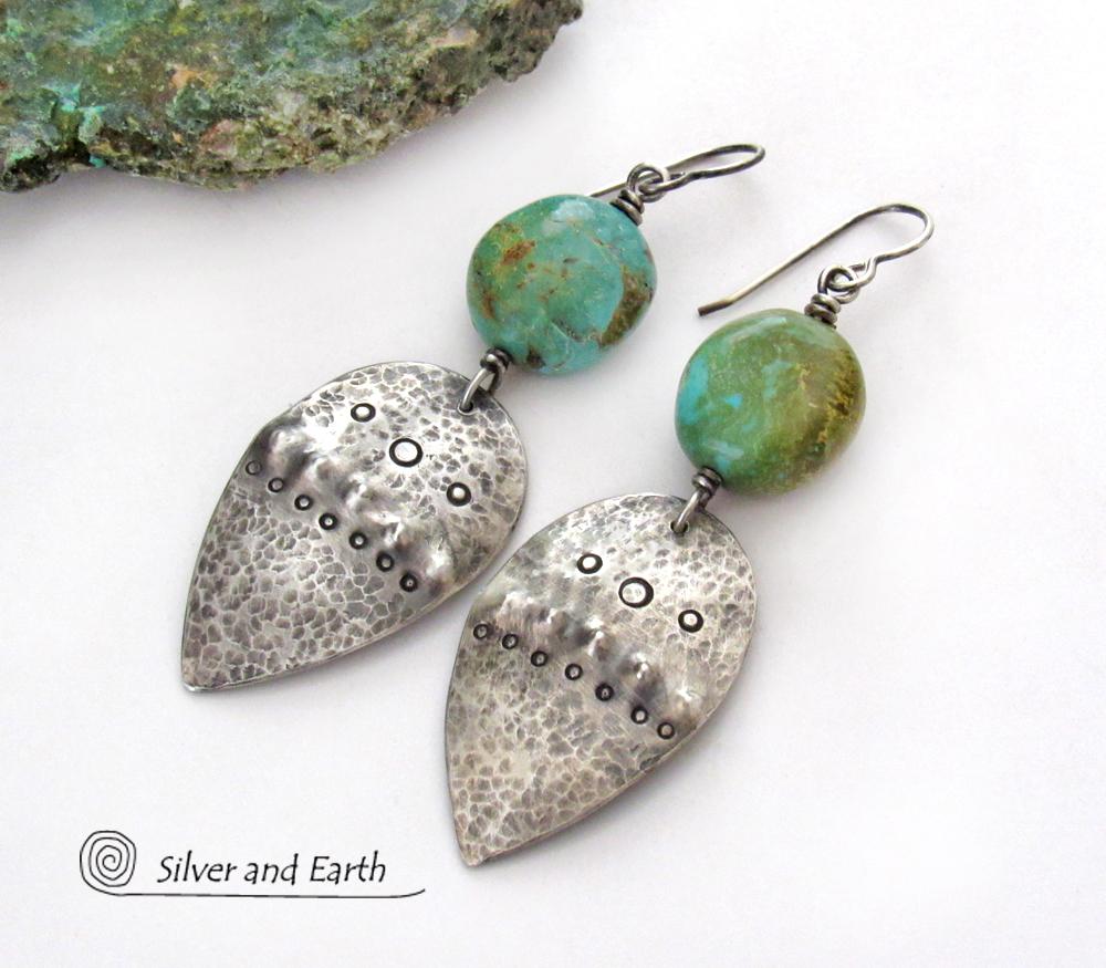 Sterling Silver Earrings with Natural Turquoise Stones - Tribal Southwestern Style Jewelry