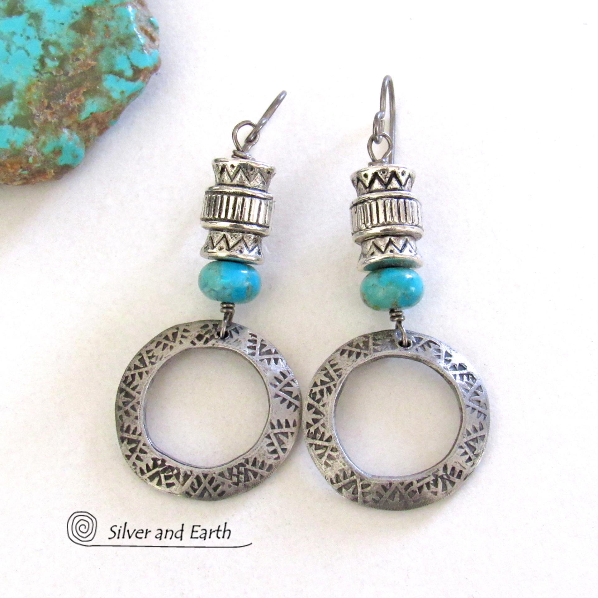 Turquoise and Hand Stamped Silver Pewter Hoop Earrings with Southwestern Tribal Style Beads