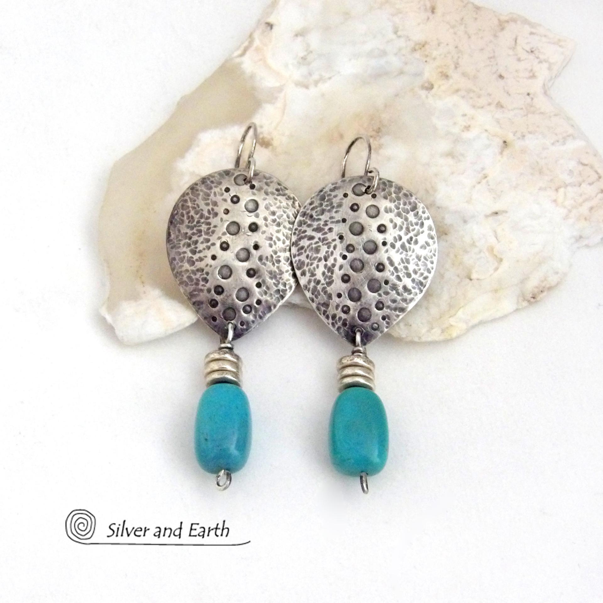 Handcrafted Sterling Silver & Turquoise Earrings with a Rustic, Hammered Earthy Organic Southwest Style 