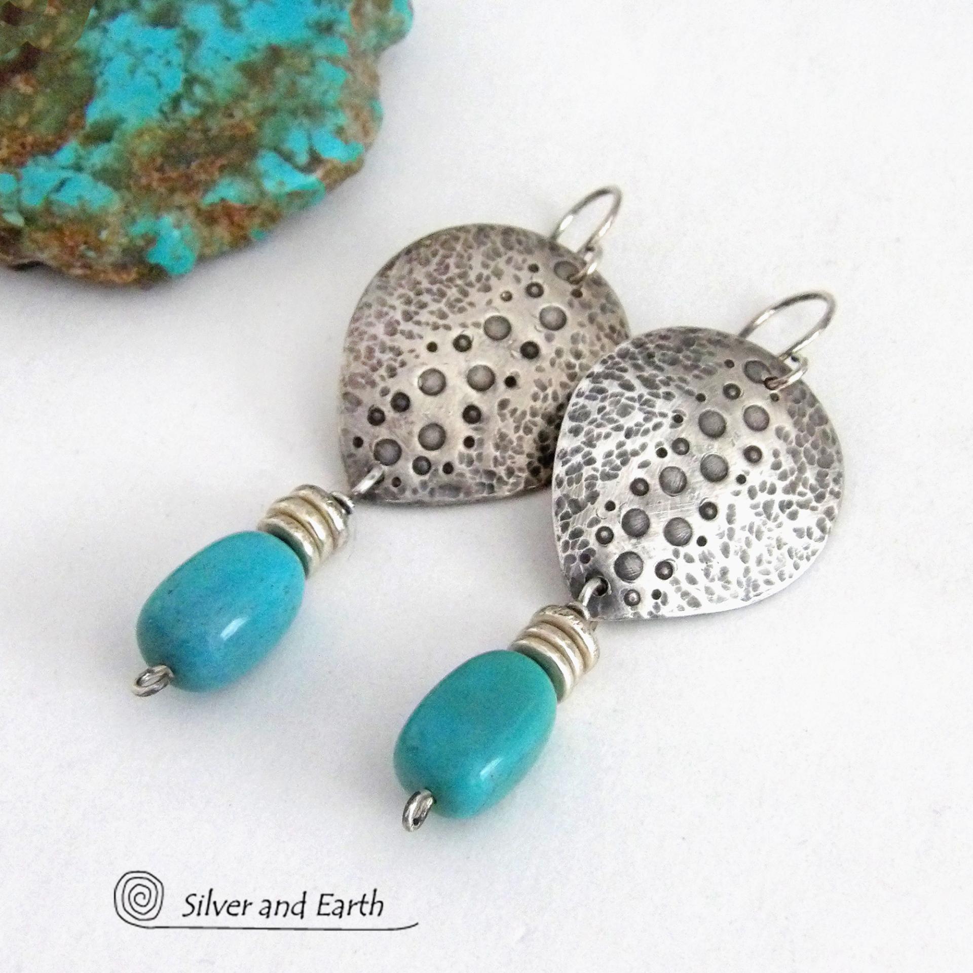 Handcrafted Sterling Silver & Turquoise Earrings with a Rustic, Hammered Earthy Organic Southwest Style 