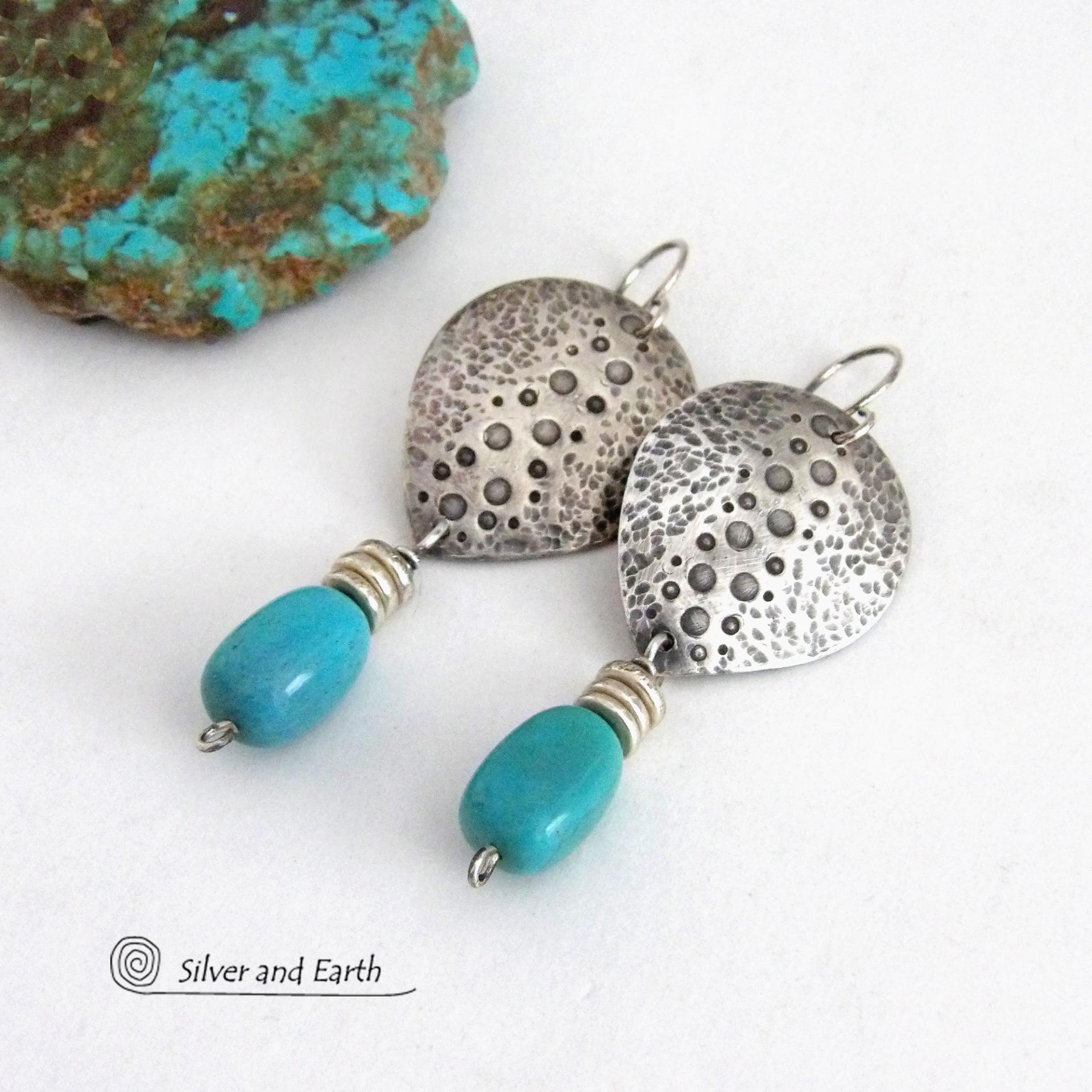 Handcrafted Sterling Silver & Turquoise Earrings with a Rustic, Hammered Earthy Organic Southwest Style 