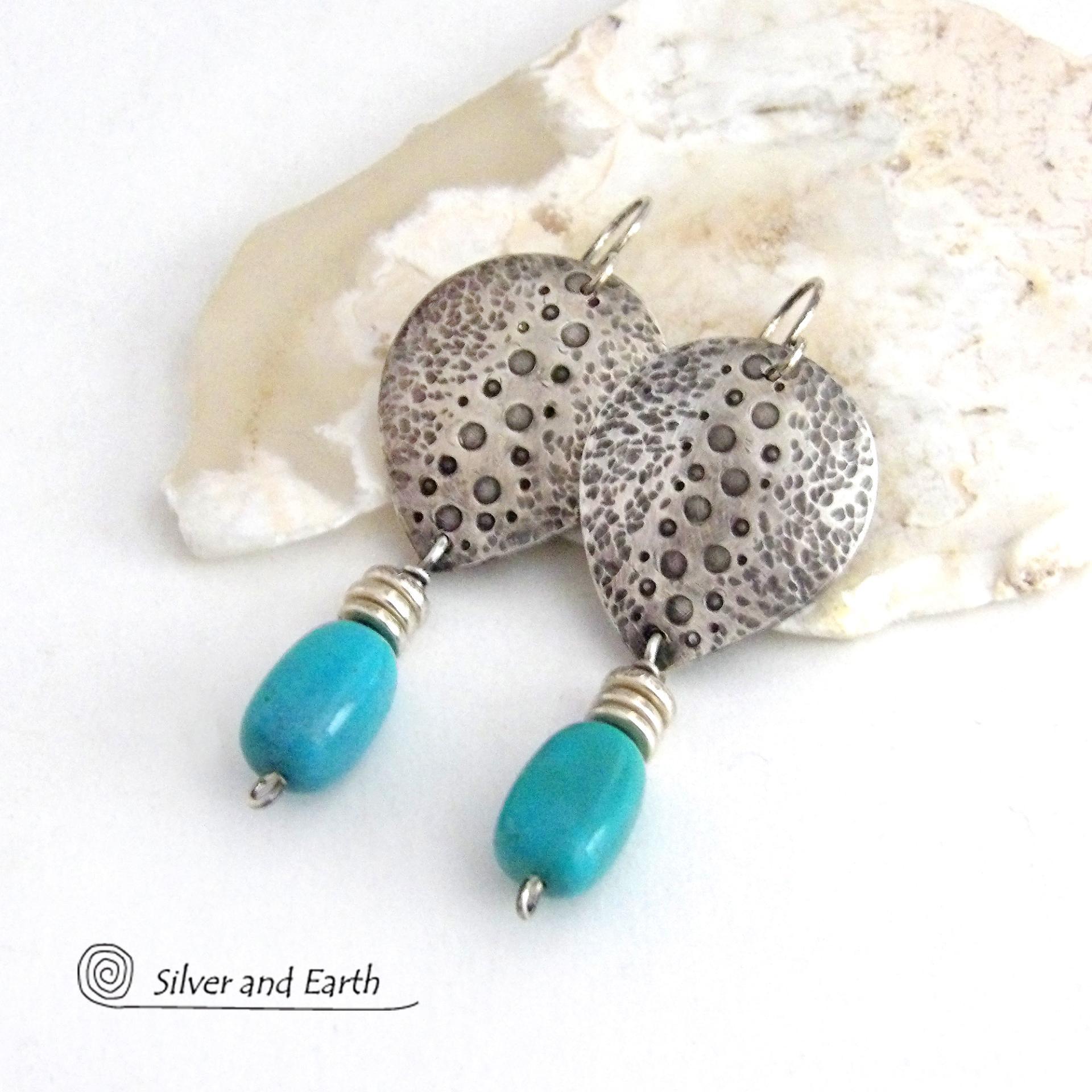 Handcrafted Sterling Silver & Turquoise Earrings with a Rustic, Hammered Earthy Organic Southwest Style 