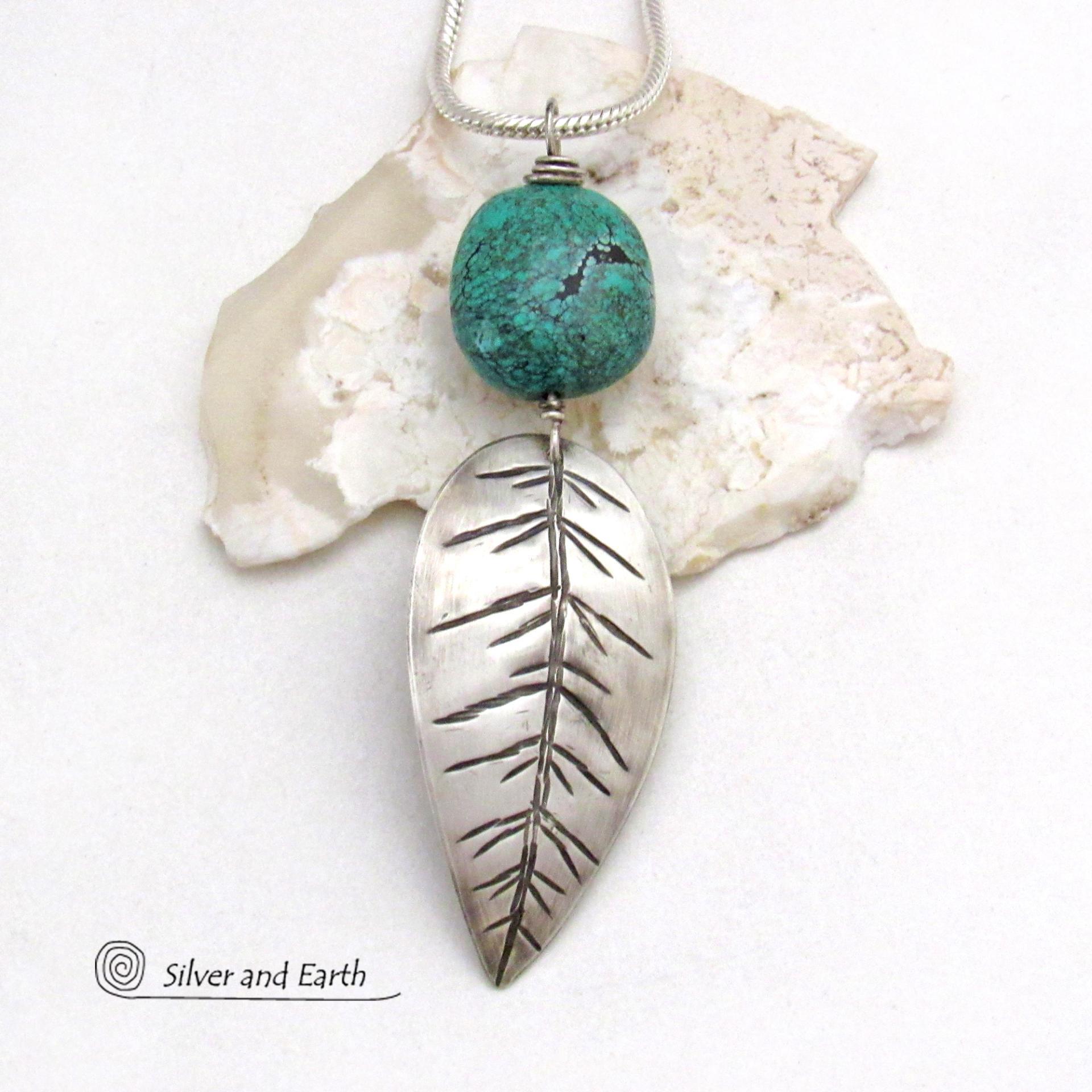 Sterling Silver Feather Necklace with Turquoise - Modern Southwestern Jewelry