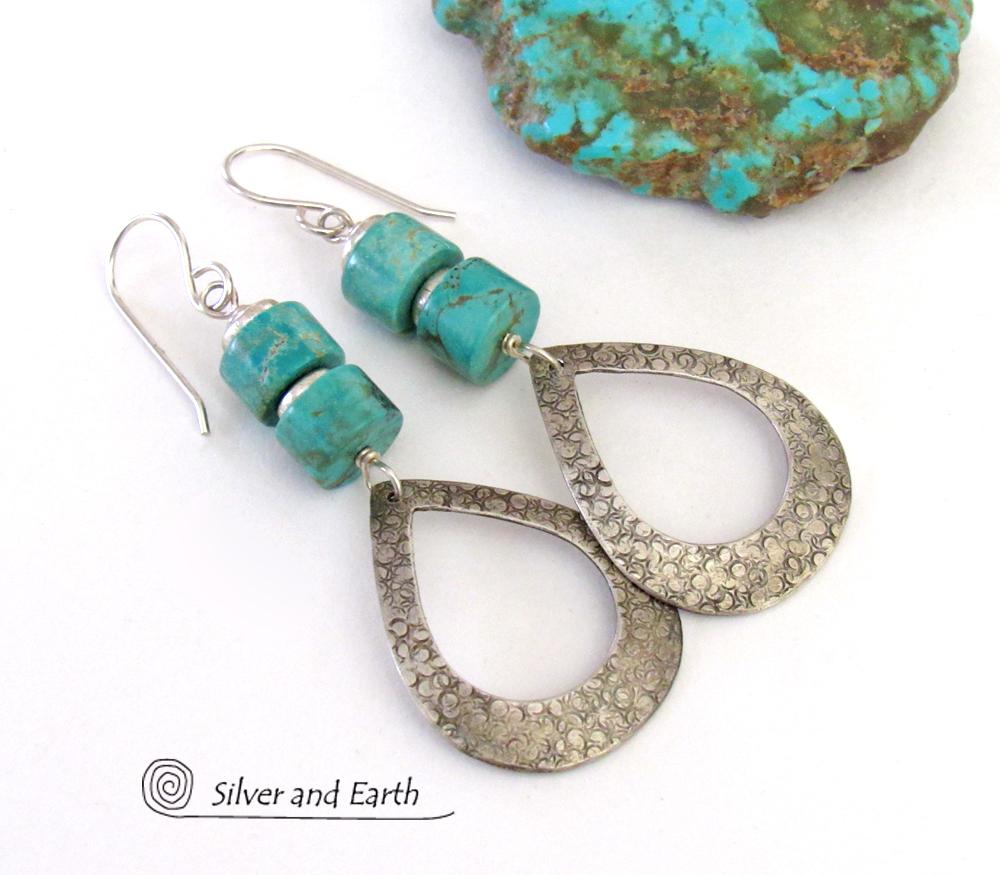 Turquoise & Sterling Silver Hoop Earrings - Chic Modern Sundance Style Jewelry