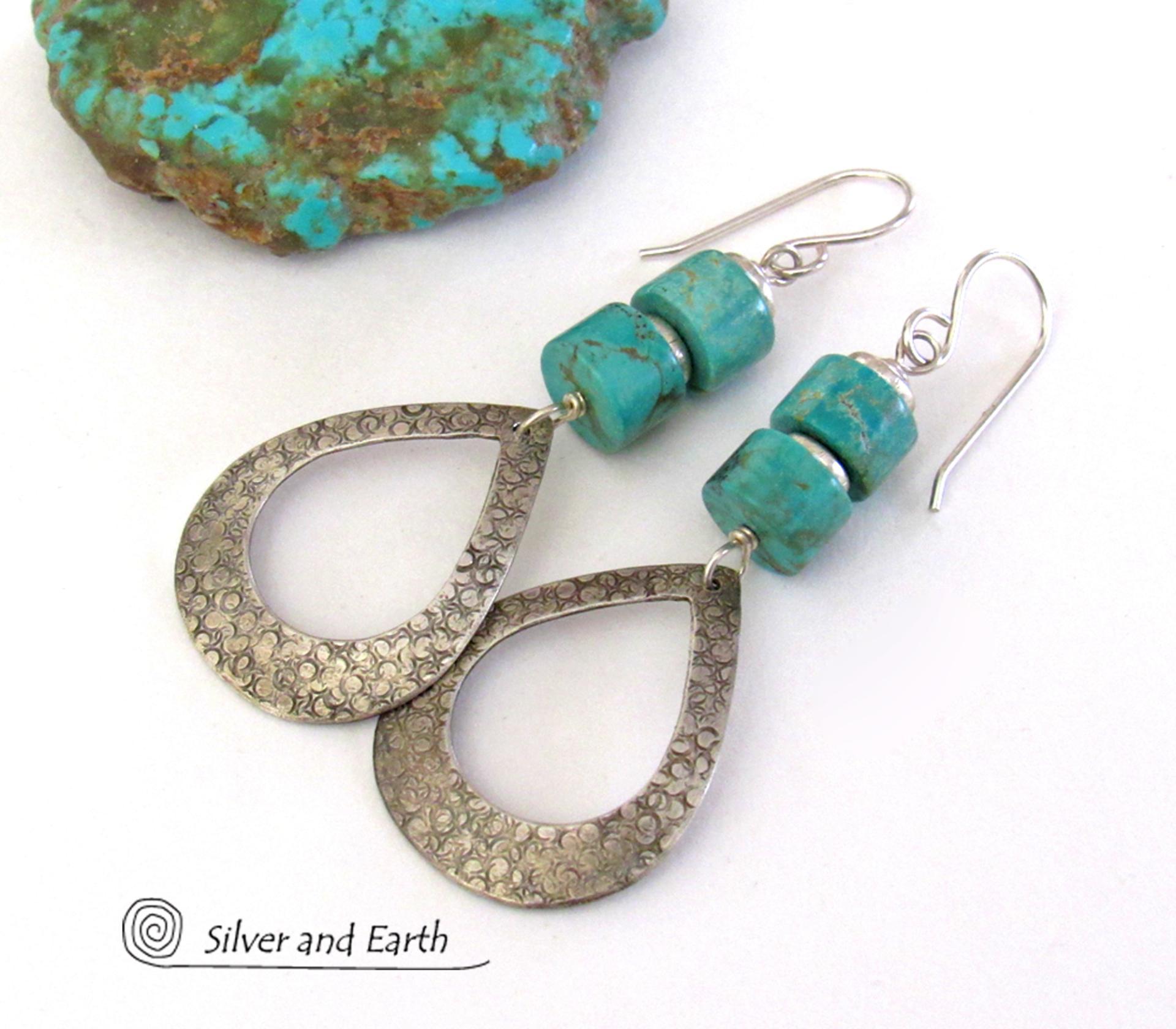 These handcrafted earrings feature textured sterling silver hoop dangles accented with a stack of turquoise stones. They have a modern, chic flair and will look great with all wardrobe styles. Tiny pewter beads were added as an accent. Earrings are lightweight and comfortable to wear. Handmade in the USA by Silver and Earth jewelry.