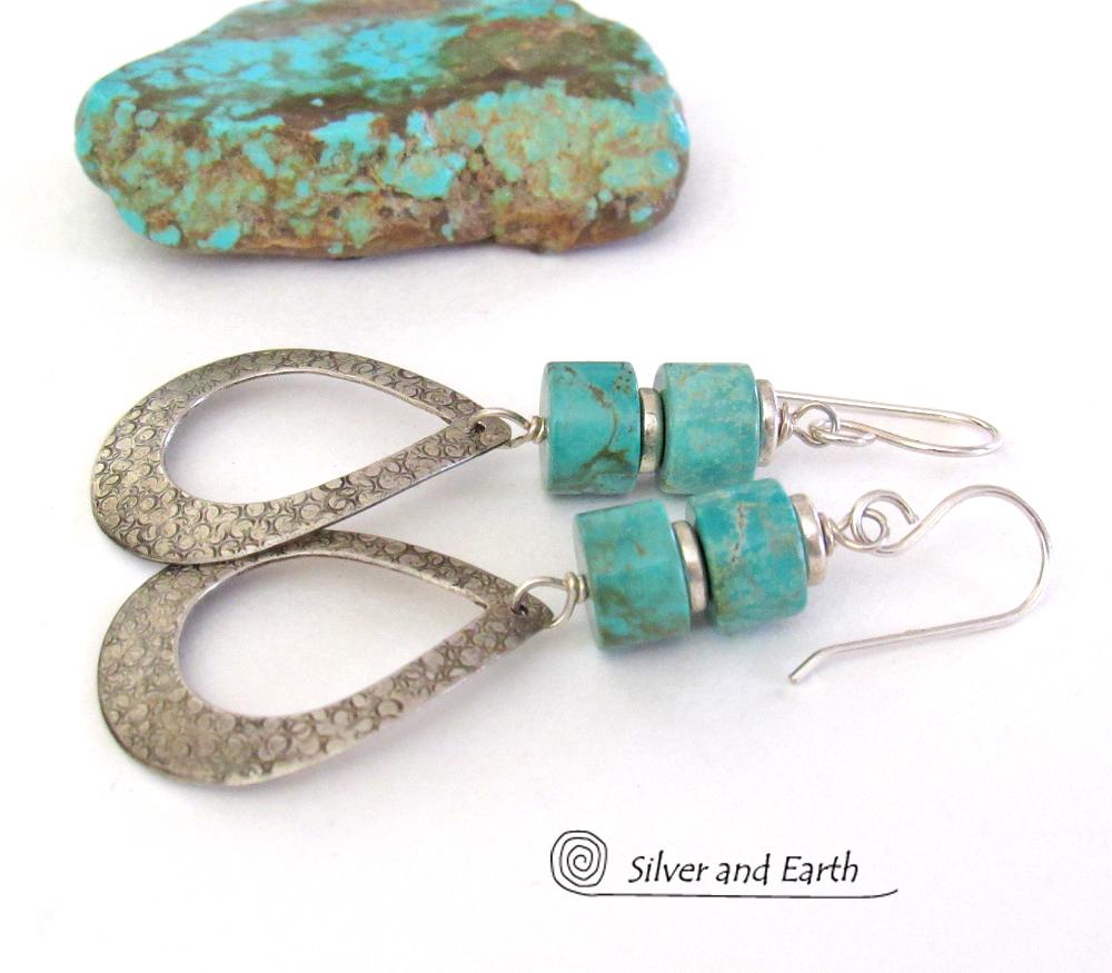 Turquoise & Sterling Silver Hoop Earrings - Chic Modern Sundance Style Jewelry