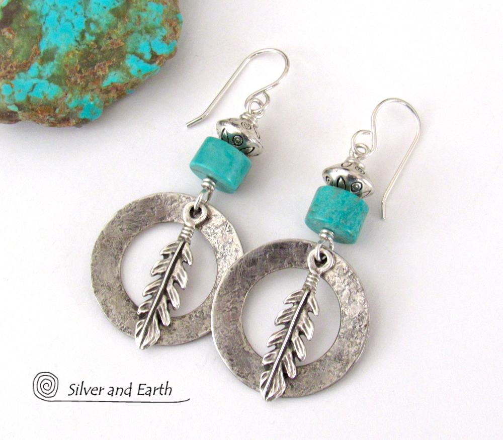 Sterling Silver Hoop Earrings with Turquoise and Feathers - Modern Southwestern Style Jewelry