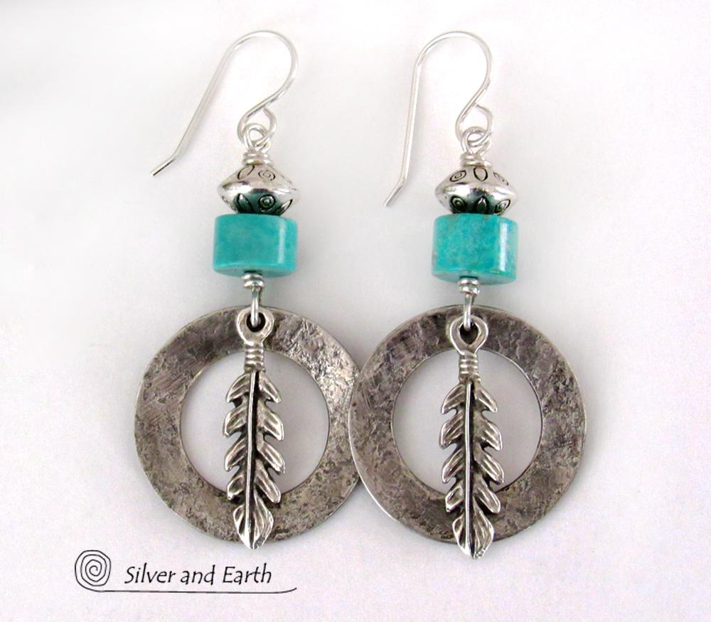 Sterling Silver Hoop Earrings with Turquoise and Feathers - Modern Southwestern Style Jewelry