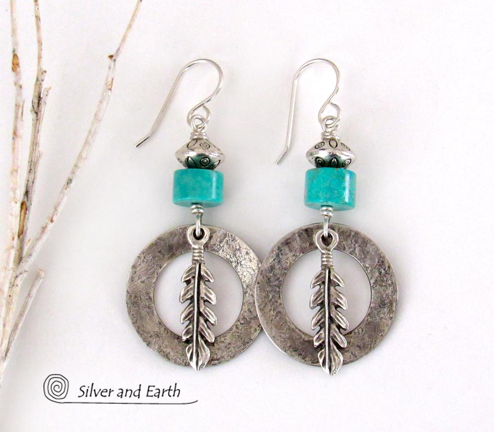 Sterling Silver Hoop Earrings with Turquoise and Feathers - Modern Southwestern Style Jewelry