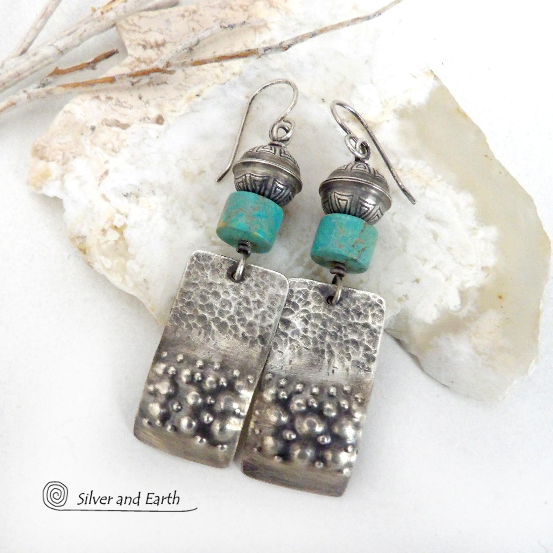 Sterling Silver Rectangle Earrings with Turquoise Stones - Handcrafted Modern Southwest Style Jewelry