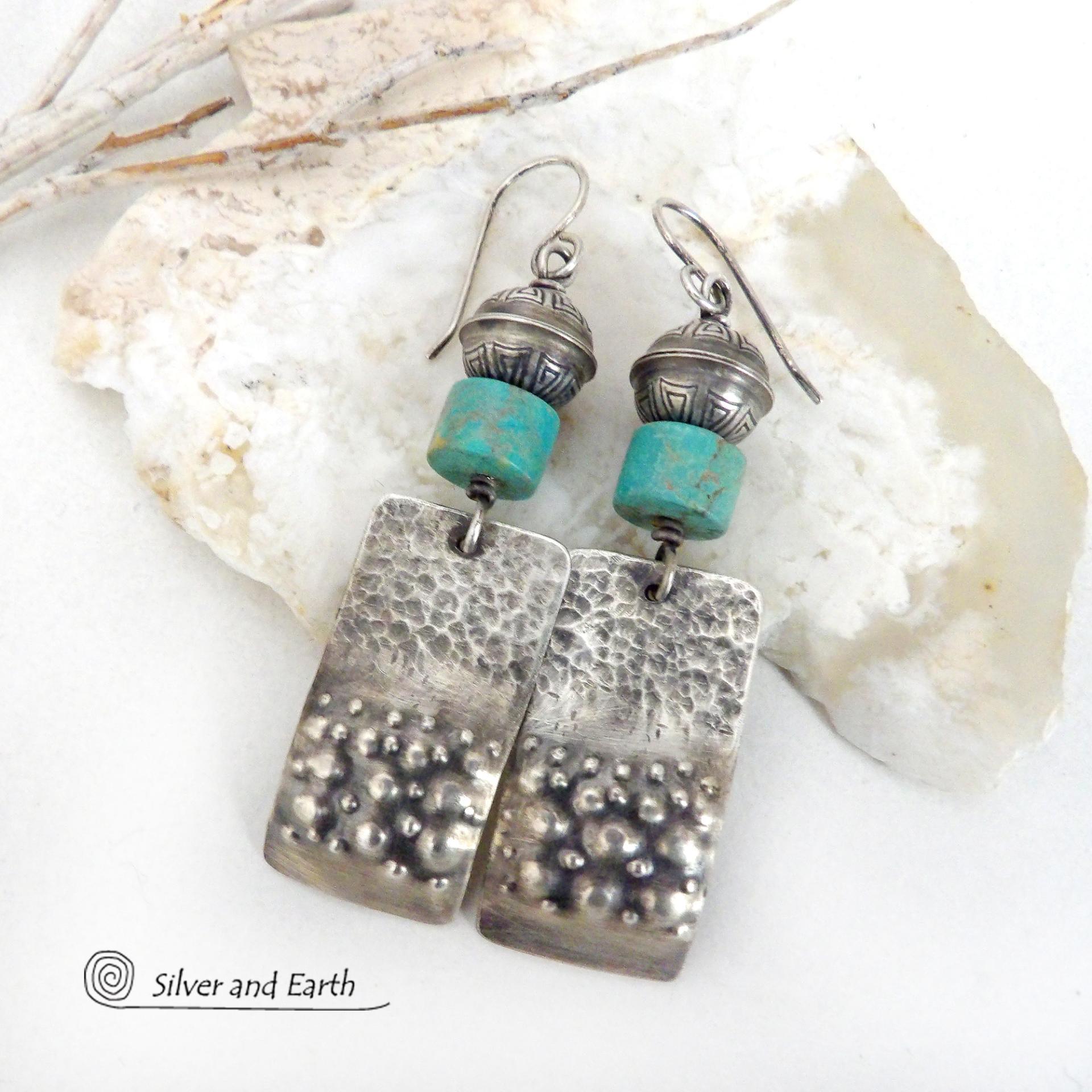 Sterling Silver Rectangle Earrings with Turquoise Stones - Handcrafted Modern Southwest Style Jewelry