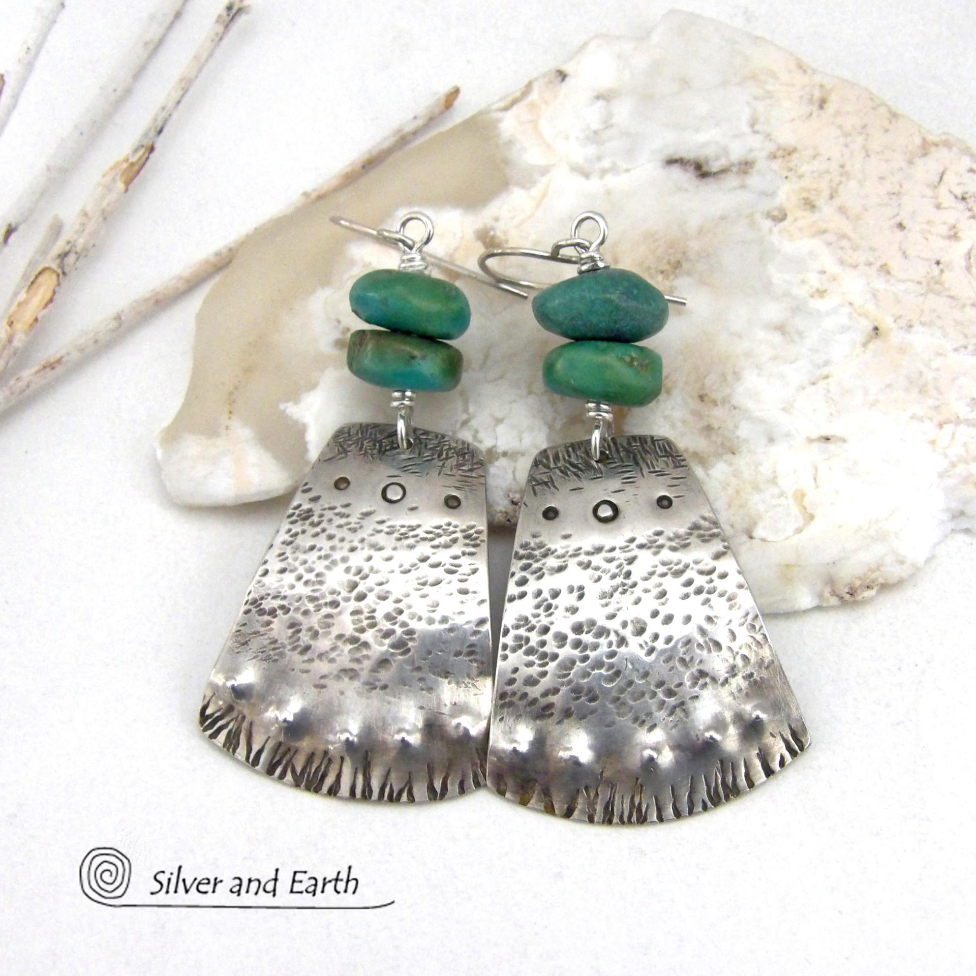 Hand Stamped Sterling Silver and Turquoise Earrings - Bold Unique Southwest Style Jewelry