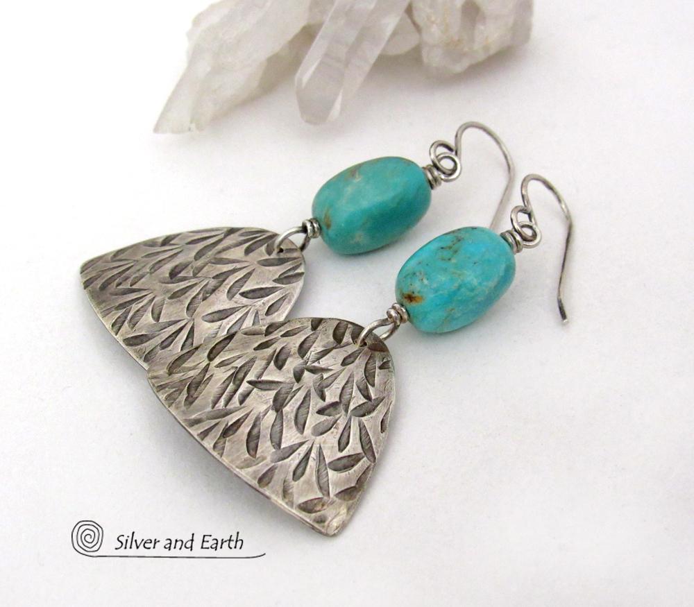 Hand Stamped Sterling Silver Earrings with Natural Turquoise Nuggets - Artisan Handcrafted Modern Sterling Jewelry  