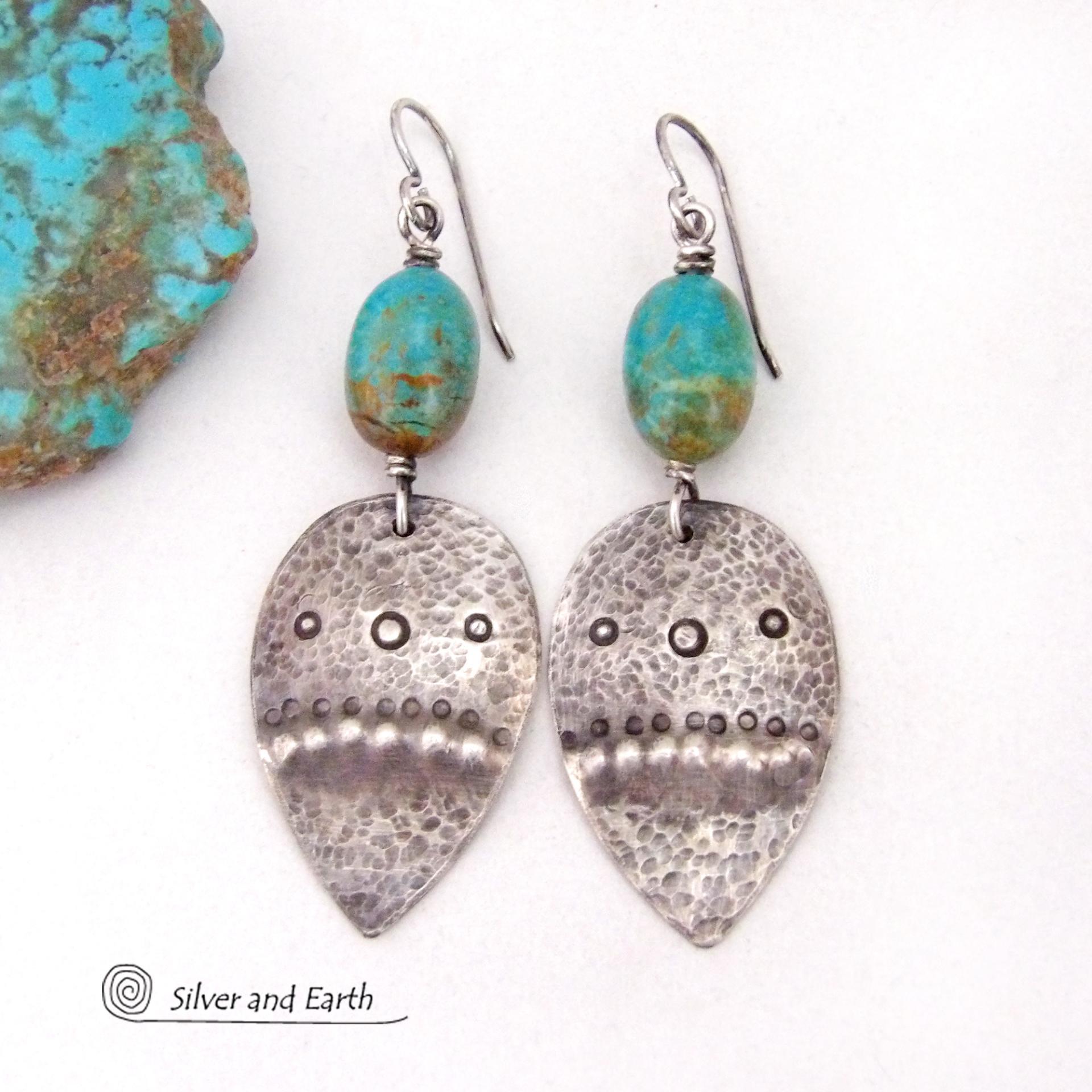 These handcrafted earrings feature natural turquoise nuggets accented with sterling silver dangles with a hammered and hand stamped texture. The stones are a gorgeous shade of turquoise with a natural copper matrix. They have an earthy organic, modern style with southwestern flair.