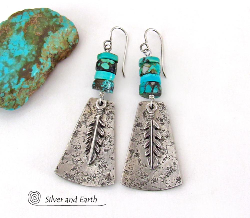 Sterling Silver Earrings with Turquoise and Feathers - Modern Southwest Style Jewelry