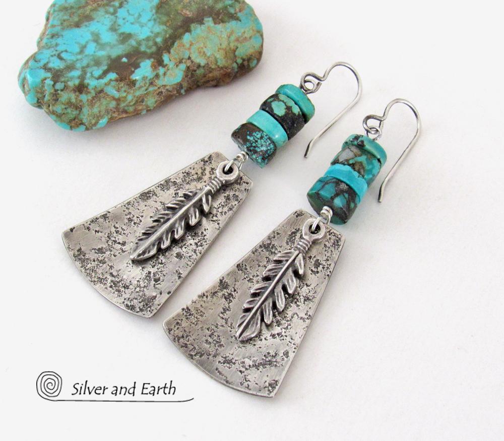 Sterling Silver Earrings with Turquoise and Feathers - Modern Southwest Style Jewelry