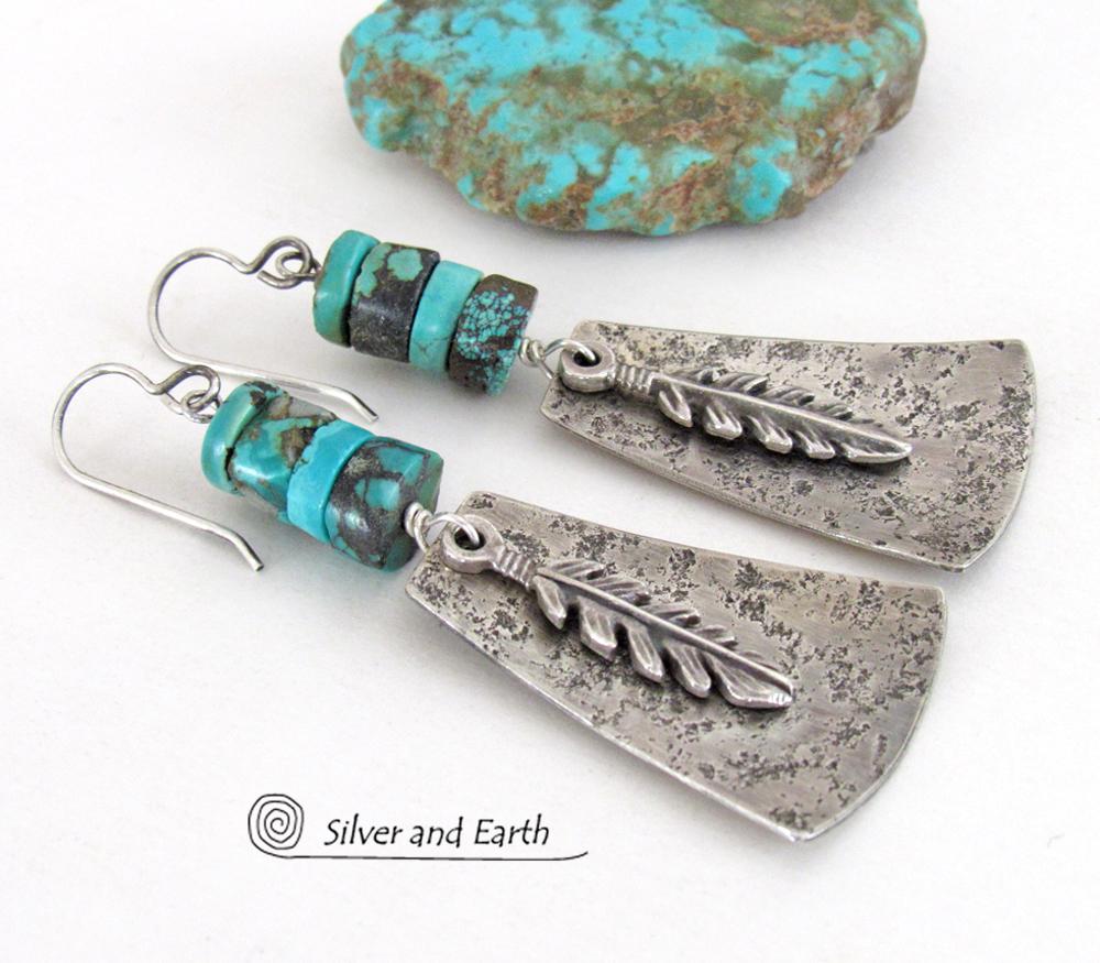 Sterling Silver Earrings with Turquoise and Feathers - Modern Southwest Style Jewelry