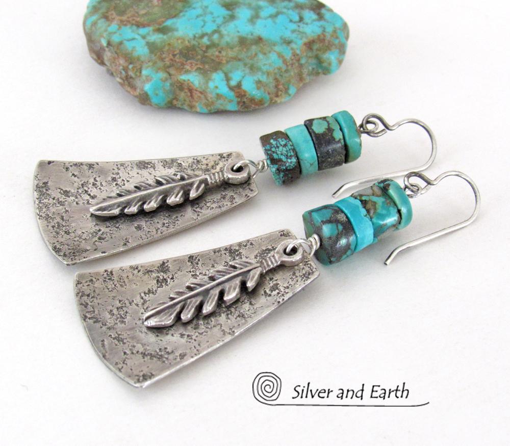 Sterling Silver Earrings with Turquoise and Feathers - Modern Southwest Style Jewelry