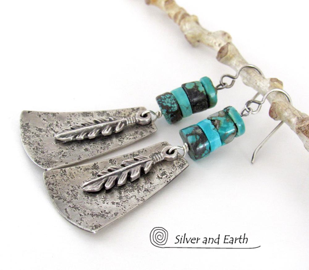 Sterling Silver Earrings with Turquoise and Feathers - Modern Southwest Style Jewelry