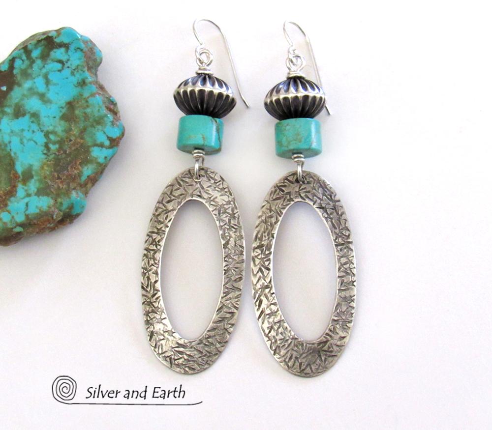 Sterling Silver Hoop Earrings with Turquoise - Modern Southwest Silver & Turquoise Jewelry