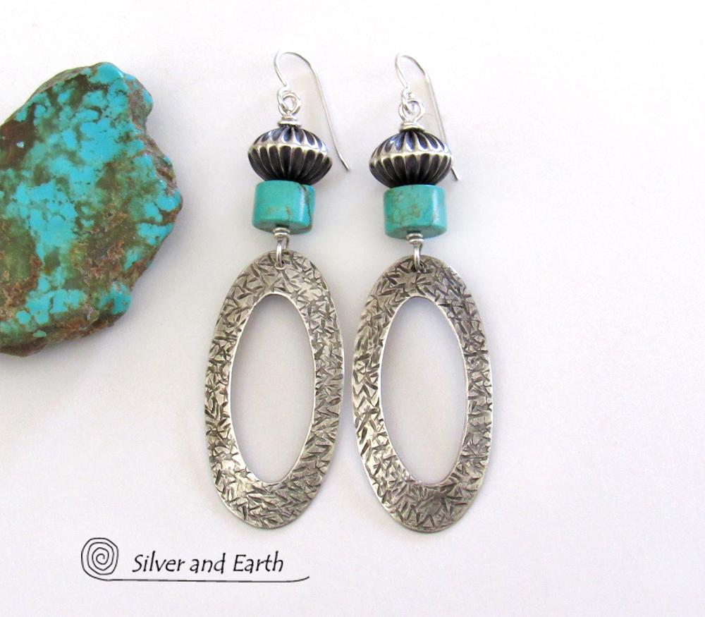 Sterling Silver Hoop Earrings with Turquoise - Modern Southwest Silver & Turquoise Jewelry