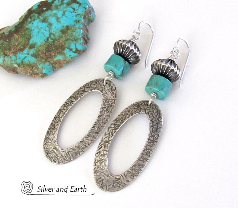 Sterling Silver Hoop Earrings with Turquoise - Modern Southwest Silver & Turquoise Jewelry