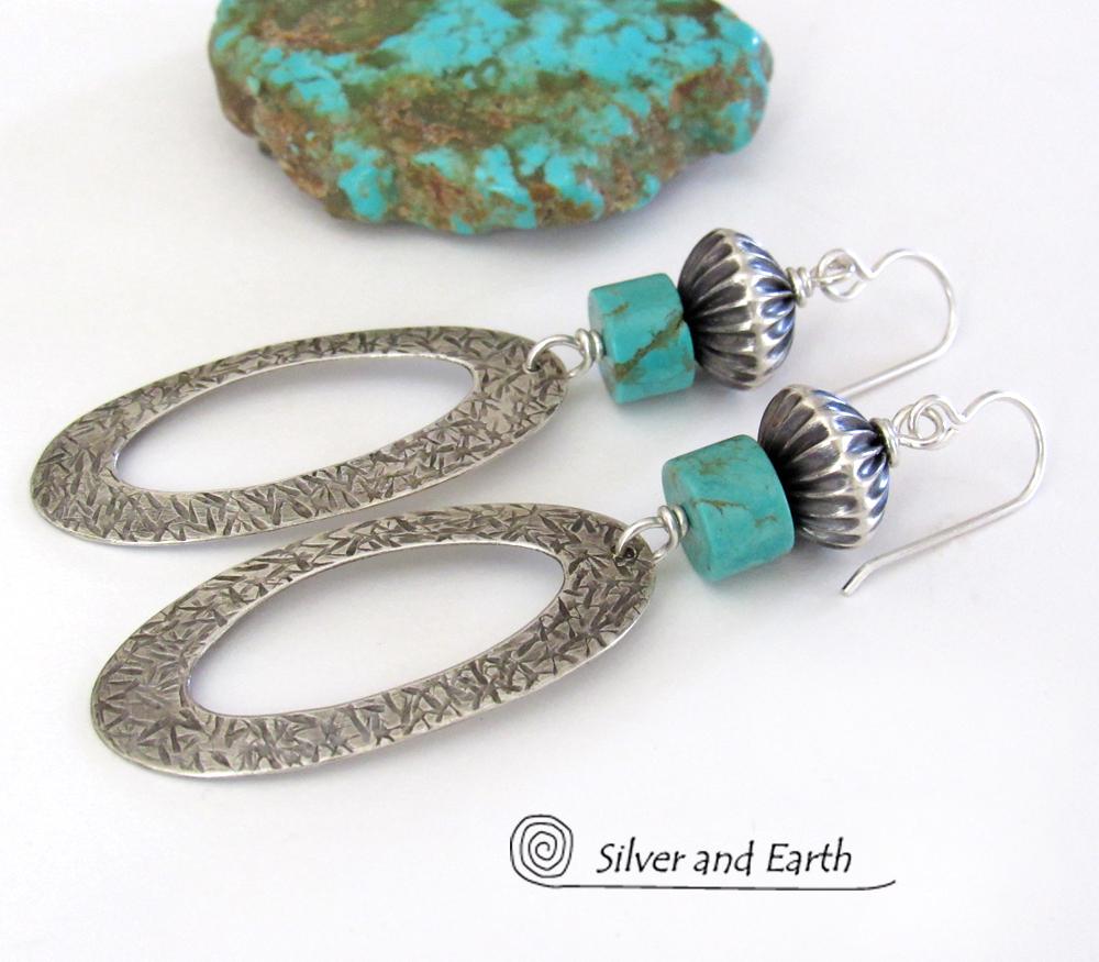 Sterling Silver Hoop Earrings with Turquoise - Modern Southwest Silver & Turquoise Jewelry