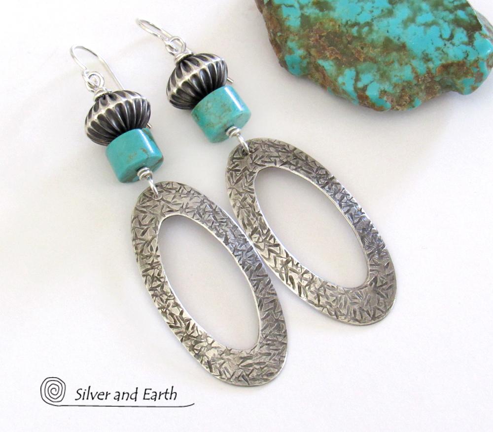 Sterling Silver Hoop Earrings with Turquoise - Modern Southwest Silver & Turquoise Jewelry