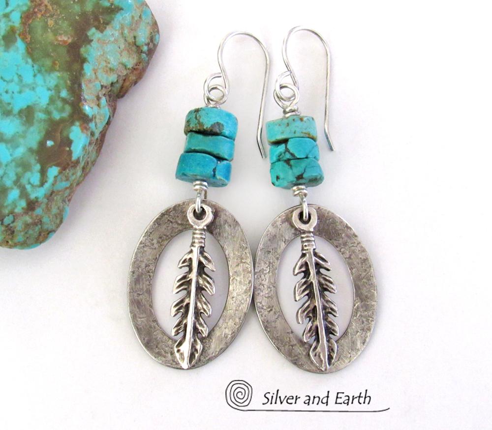 Sterling Silver Earrings with Turquoise and Feathers - Modern Southwestern Style Jewelry