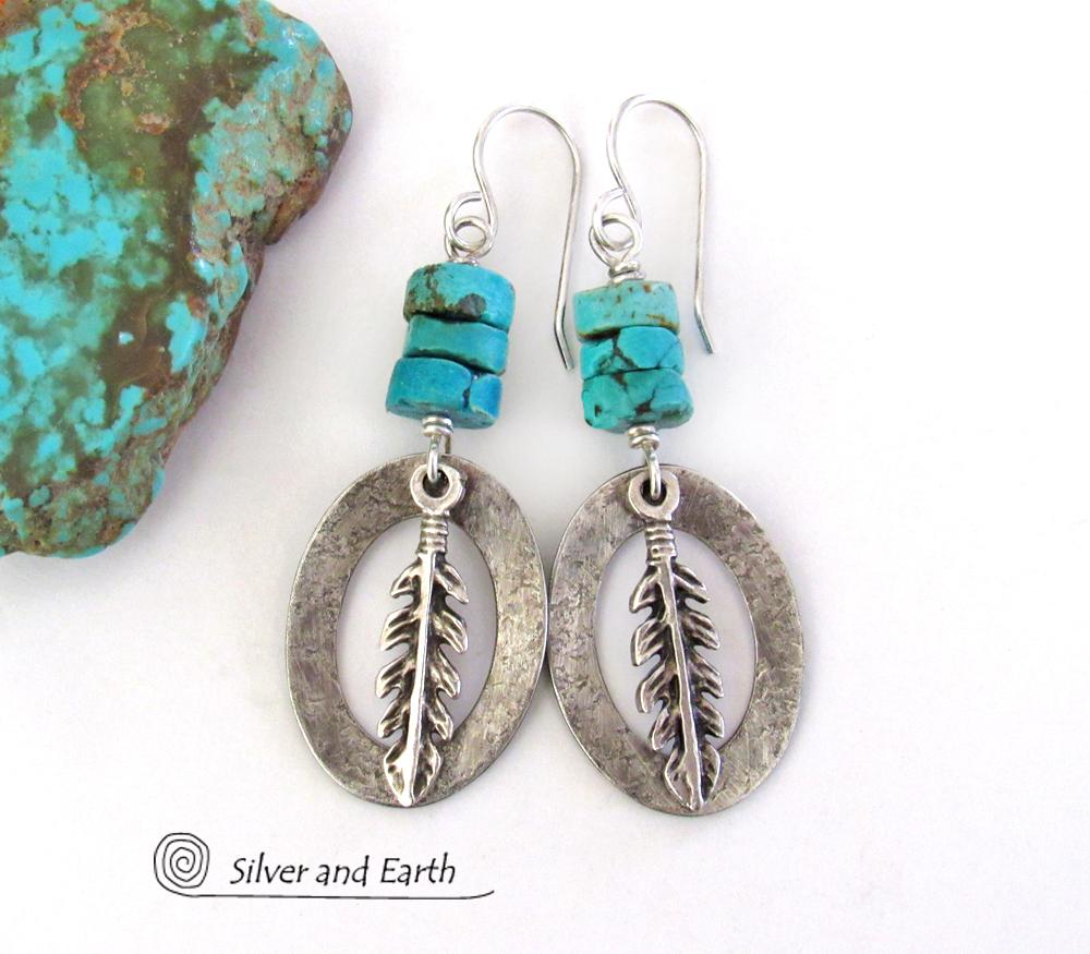 Sterling Silver Earrings with Turquoise and Feathers - Modern Southwestern Style Jewelry