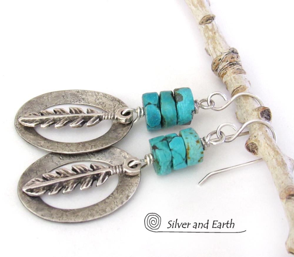Sterling Silver Earrings with Turquoise and Feathers - Modern Southwestern Style Jewelry