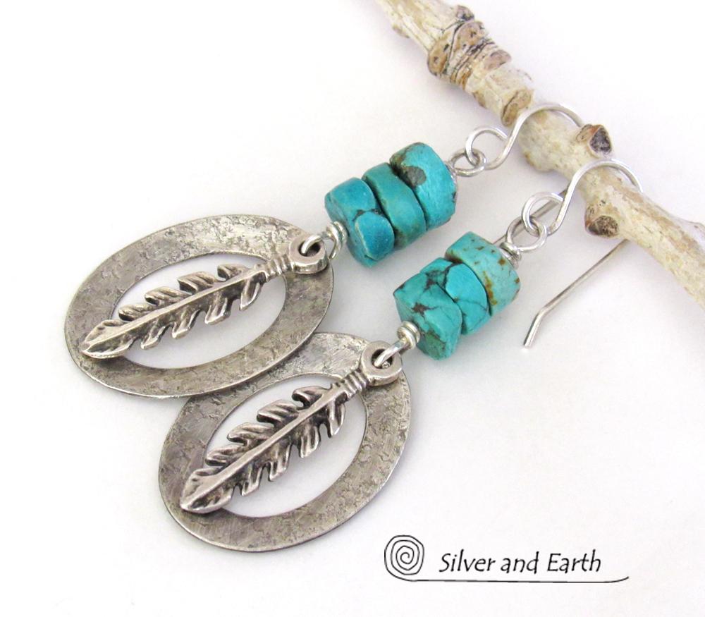 Sterling Silver Earrings with Turquoise and Feathers - Modern Southwestern Style Jewelry