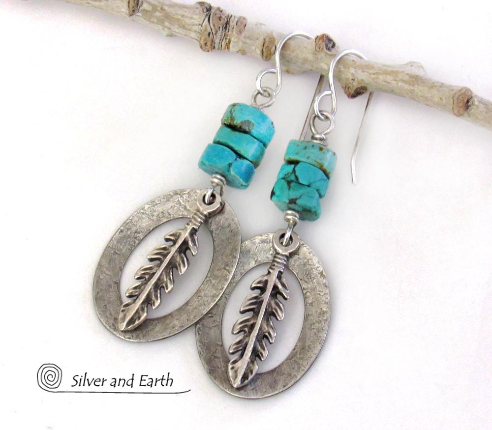 Sterling Silver Earrings with Turquoise and Feathers - Modern Southwestern Style Jewelry
