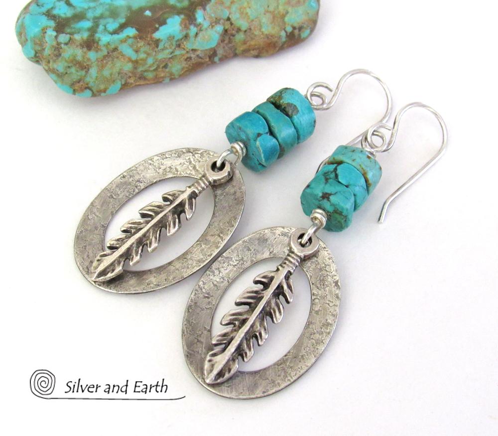 Sterling Silver Earrings with Turquoise and Feathers - Modern Southwestern Style Jewelry