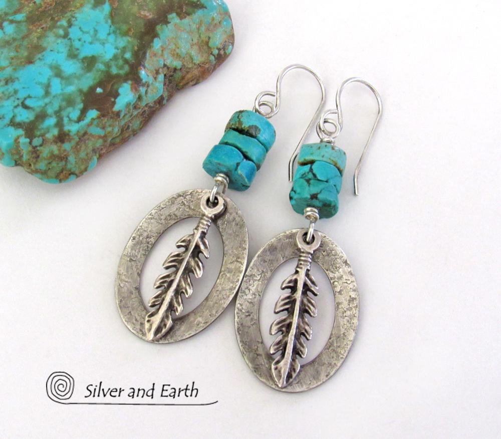 Sterling Silver Earrings with Turquoise and Feathers - Modern Southwestern Style Jewelry