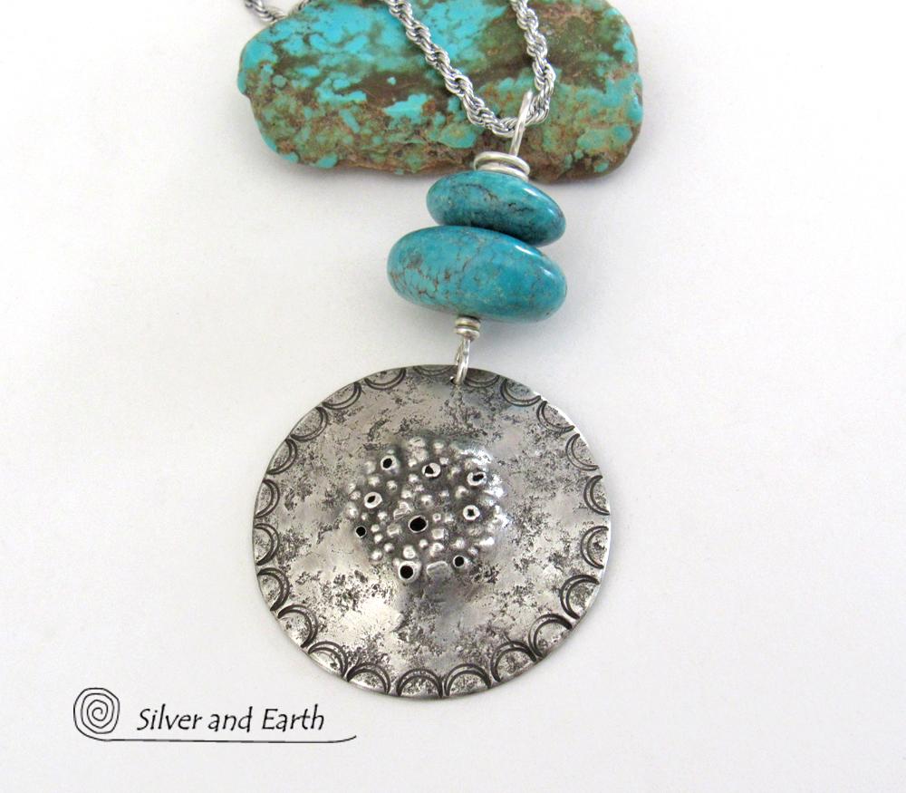 Turquoise Sterling Silver Pendant Necklace - Earthy Rustic Silver Jewelry