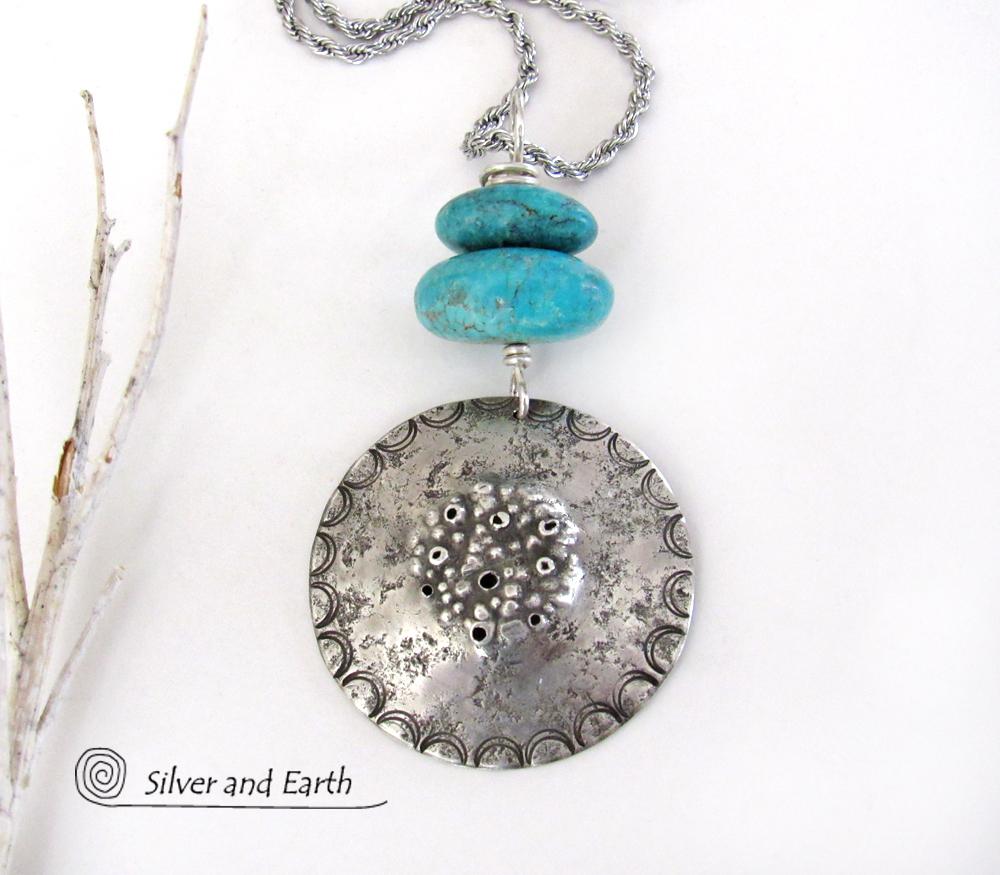 Turquoise Sterling Silver Pendant Necklace - Earthy Rustic Silver Jewelry