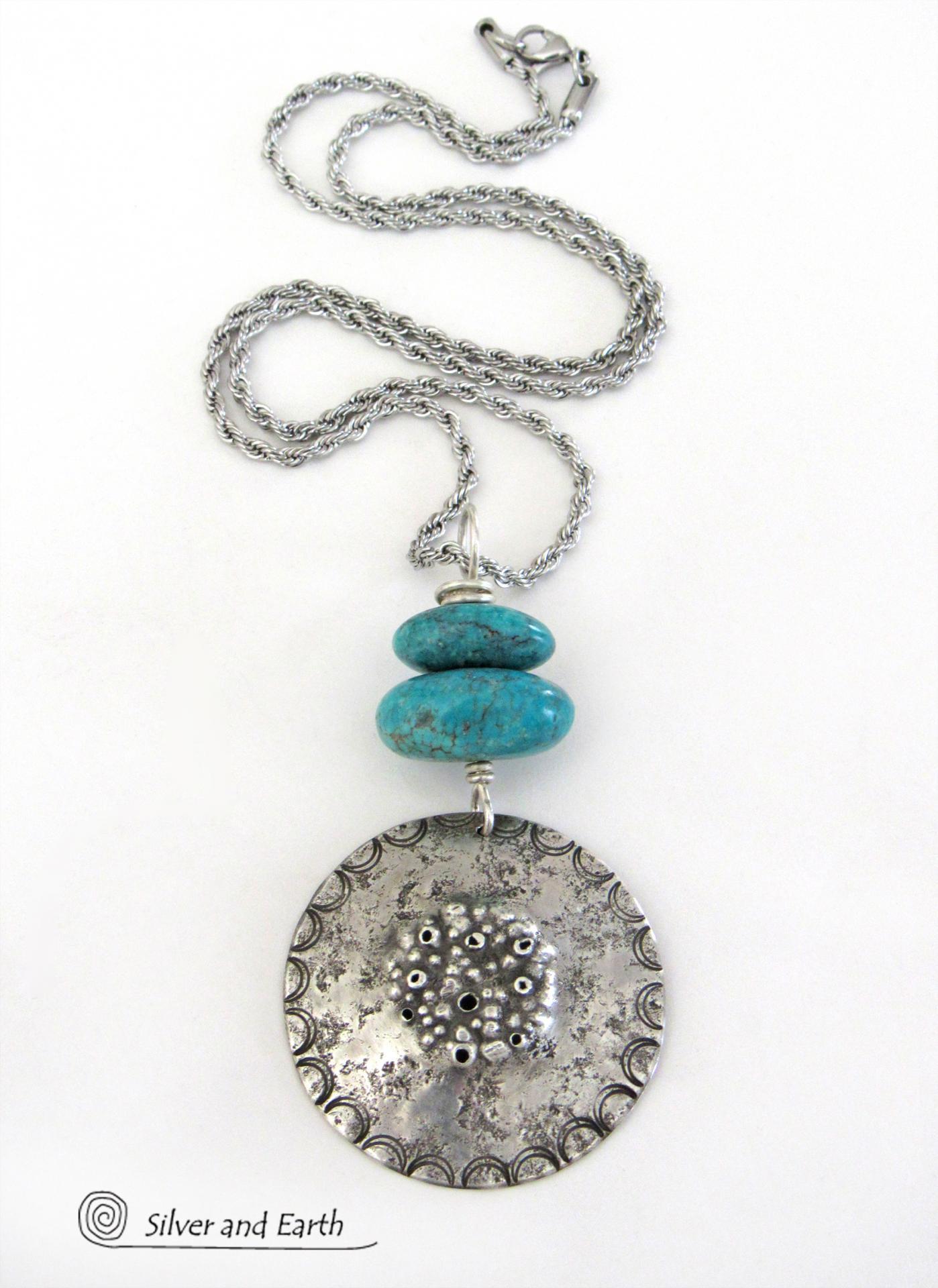 Turquoise Sterling Silver Pendant Necklace - Earthy Rustic Silver Jewelry
