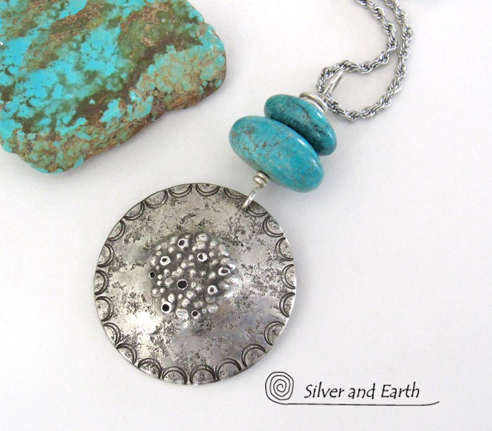 Turquoise Sterling Silver Pendant Necklace - Earthy Rustic Silver Jewelry