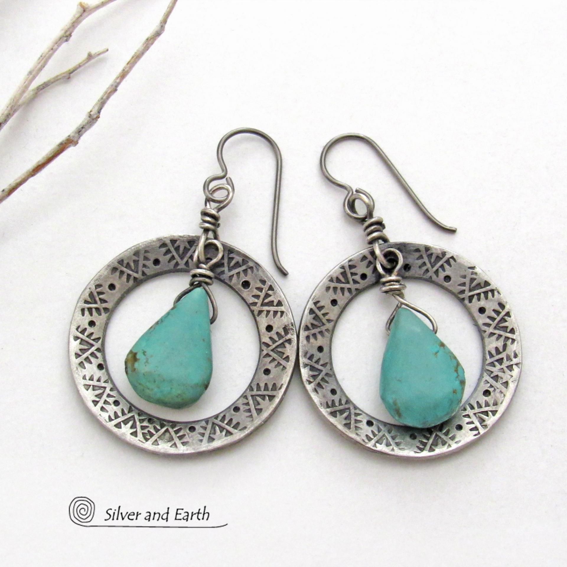 Hand Stamped Silver Pewter Hoop Earrings with Natural Turquoise Stones - Artisan Handcrafted Western Chic Southwest Style Jewelry