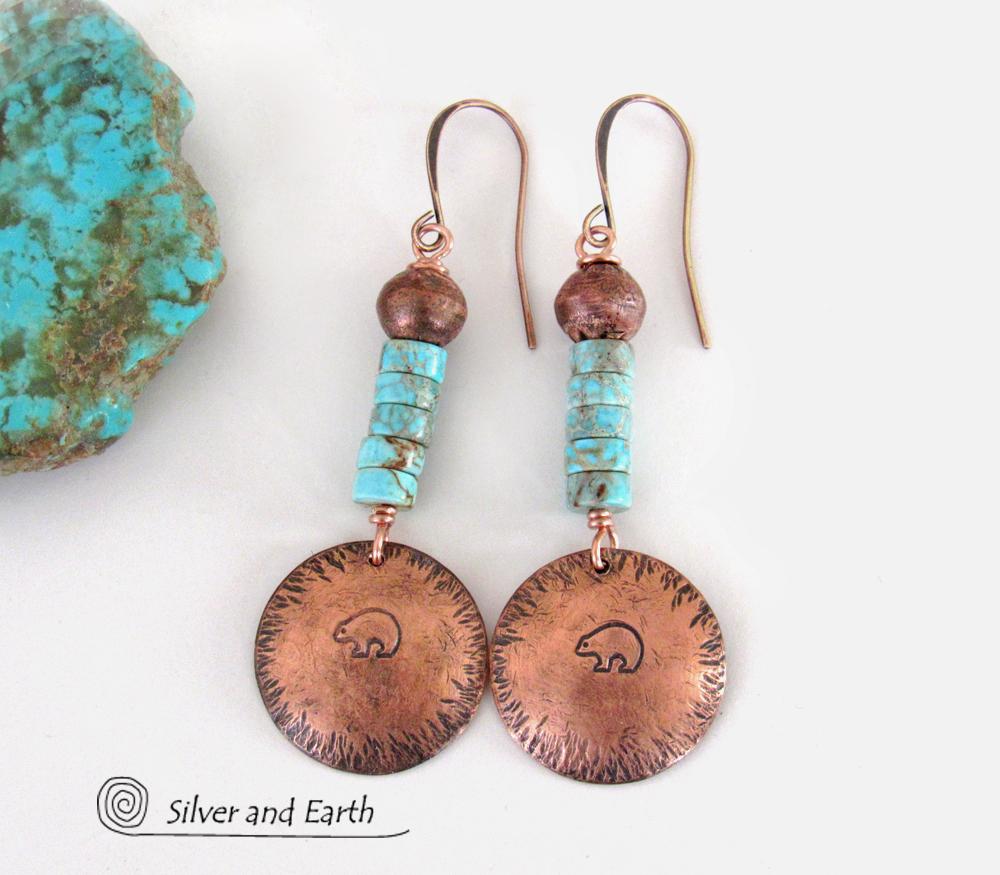 Hand Stamped Zuni Bear Copper & Turquoise Earrings - Southwestern Style Jewelry