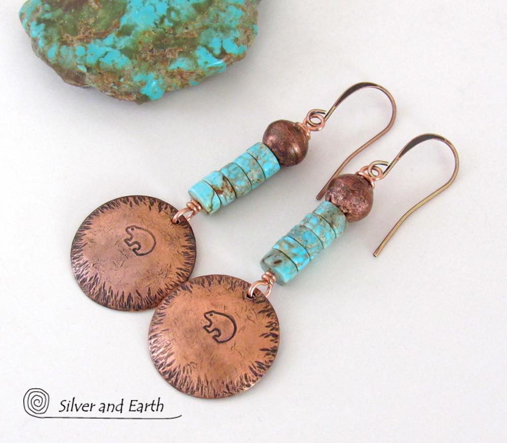 Hand Stamped Zuni Bear Copper & Turquoise Earrings - Southwestern Style Jewelry