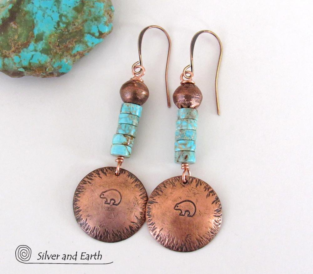 Hand Stamped Zuni Bear Copper & Turquoise Earrings - Southwestern Style Jewelry