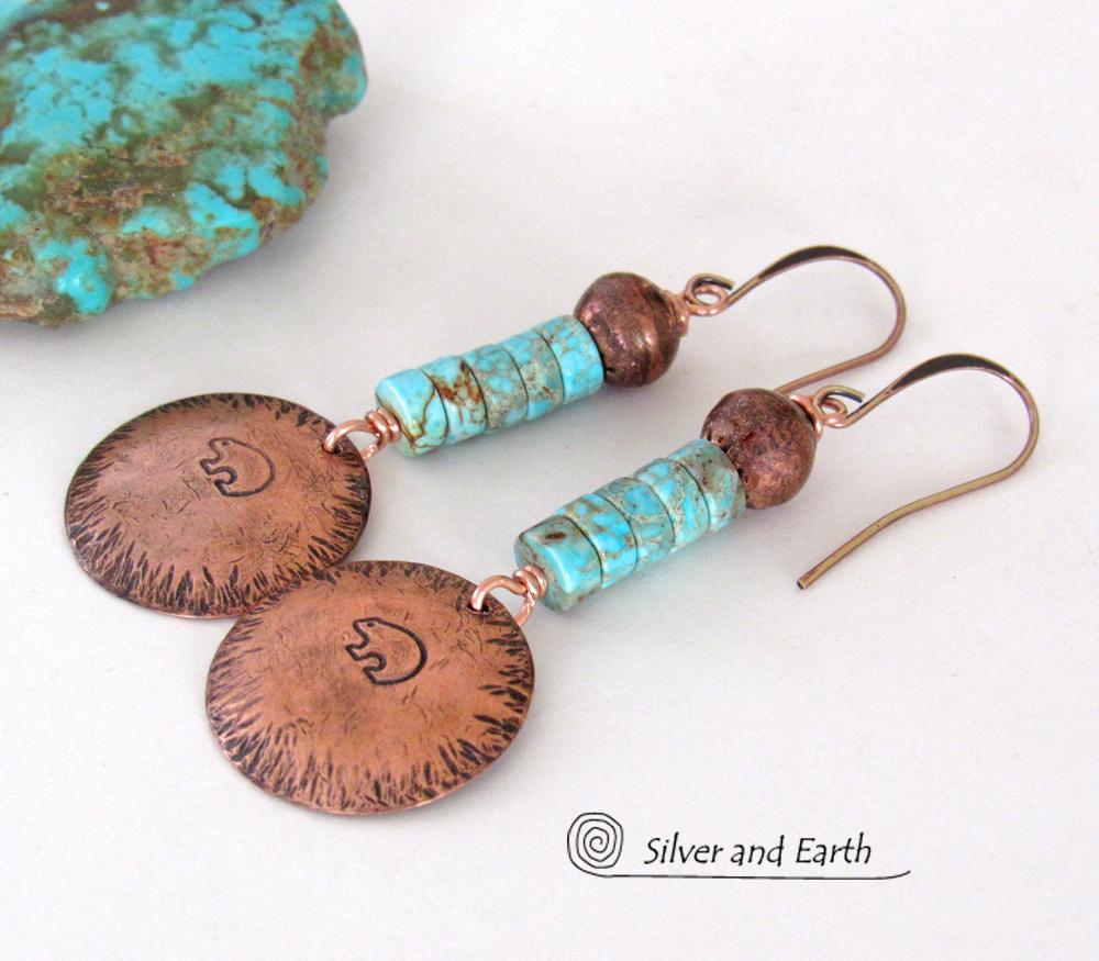 Hand Stamped Zuni Bear Copper & Turquoise Earrings - Southwestern Style Jewelry